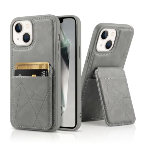 Image of amazon basics Premium Vegan Leather Back Cover with Card Holder and Integrated Mobile Stand for iPhone 14 - Slim Shockproof Wallet Case with Geometric Stitching [Gray]