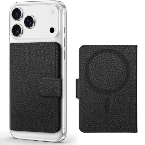 Tarjetero Magnético Porta Tarjetas RFID Piel iPhone 17 16 15 14 Negro Litchi SHIELDON
