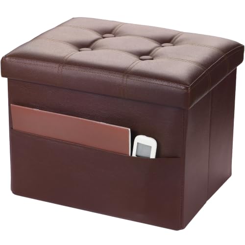 Image of Bsketa Storage Ottoman Bench,17 Inch Folding Leather Foot Rest Stool, Brown | Small Ottoman with Side Pockets, Thicker Foam Padded Seat, Livingroom, Dorm, Bedroom, Easy to install, 43L,17x13x13in