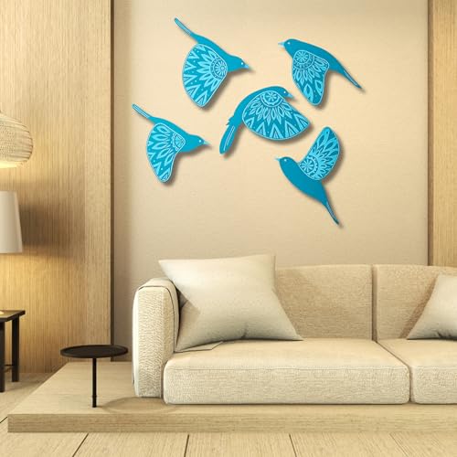 Image of DAKSHESTRY ARTWORKS Wooden 3D 5 Pieces Birds for Wall Art Panel | Wood Bird Folk Art Wall Hanging Art Decoration Item for Living Room, Bedroom, Drawing Room, Dining Room & Office (Red) Pack of 1