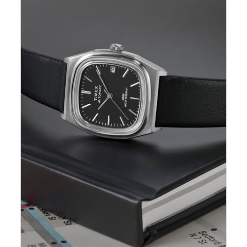Image of TIMEX Q Mechanical Automatic Watch for man with Black Rectangle Dial & Black Leather Strap Band Water Resistant Men's Wrist Watches - TW2Y07500UJ