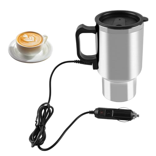 12V Car Heating Cup Stainless Steel Travel Coffee Cup Insulated Heated Thermos Mug, 450ml Car Kettle for Heating Water, Coffee, Milk, Tea (Silver, Stainless Steel Inner)