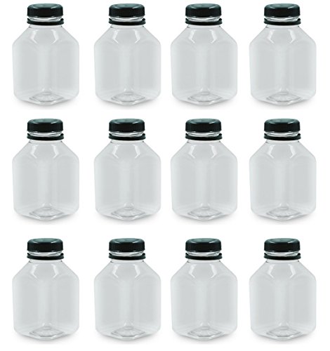 8 Oz Clear Plastic Juice/Dressing PET Square Container w/Black Tamper Evident Caps Disposable