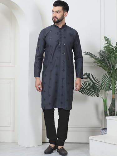 Image of SOJANYA (Since 1958 Men's Cotton Silk Sequinned Neck Embroidered Kurta with Black Pyjama