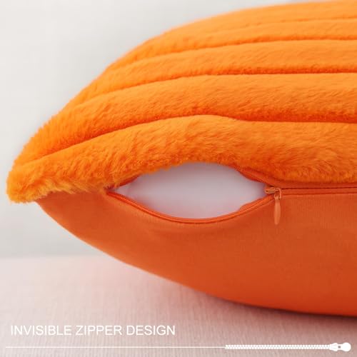 Image of Pallene Faux Fur Plush Fall Throw Pillow Covers 26x26 Set of 2, Luxury Soft Fluffy Striped Decorative Pillow Covers for Sofa, Couch, Living Room, Orange