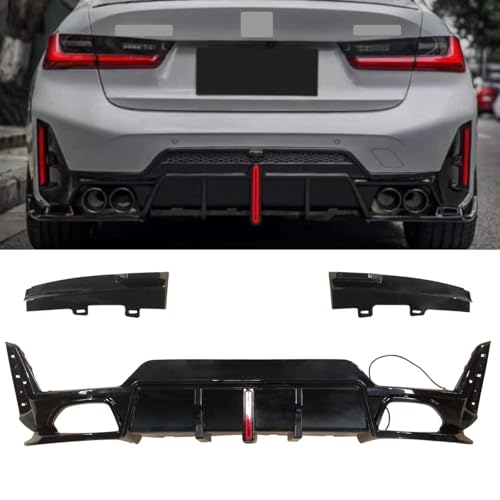 KREACJA Rear Bumper Diffuser Splitter Lip with LED Brake Light Fits for 2023 2024 BMW 3 Series G20 LCI 330i M340i Tail Bumper Chin Diffuser Lip Spoiler Splitter Gloss Black ABS