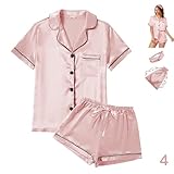 WJing Yi Jia Conjunto de pijama sedoso de satén para mujer, 4 piezas, camisa de manga corta, XS-4XL, conjunto de pijama suave, ropa de dormir, Rosa pálido-b, XS