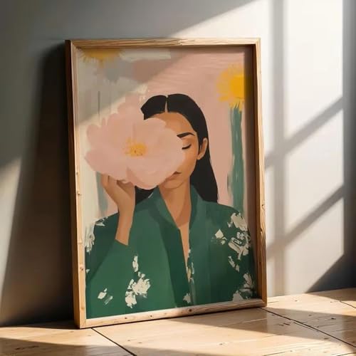 Affiche imprimée portrait femme tableau toile rétro fleurs roses vertes déco murale 60x90cm