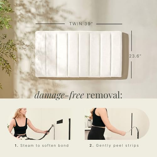 Image of Hearth & Harbor Wall Mounted Twin Headboard Only, Bed Headboard Twin Size | Easy Assemble, Floating Peel & Stick, Upholstered Channel Stitched, 3D Wall Panels, 5 Strips of 3M Tape Included, Off White