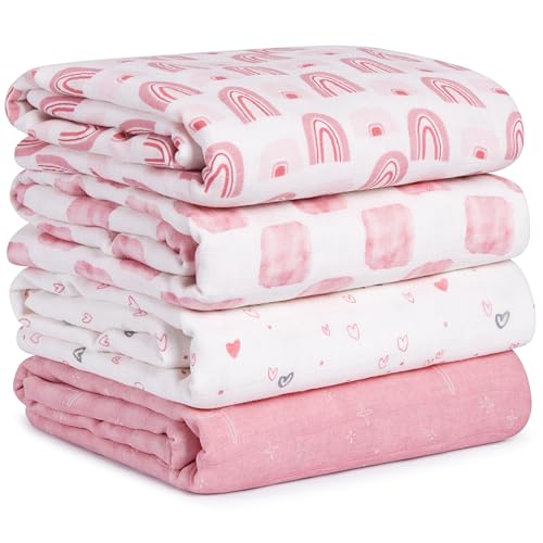 Image of CIVARUA KIDS Muslin Swaddle Blankets for Newborn, 4 Pack Cotton Baby Blanket, Large 31.5 x 43.3 Breathable Soft Receiving Blankets Girl, Essentials Swaddle Wrap Burping Clothes, Pink Rainbow