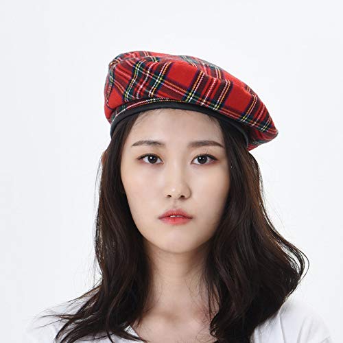 Withmoons Wool Beret Hat Tartan Check Leather Sweatband Kr9539 (Red) #TOP1