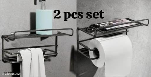 2 PIS Set No Drill Self Adhesive Toilet Paper Holder/Tissue Paper Roll Holder with Mobile Stand/Towel Holder/Bathroom Accessories (Black, Pack of 2)2PIS (Mobile+Tissue) / 515_KP2192 1