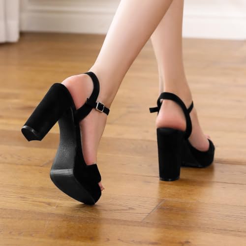 Image of DOBOLIN Wide Width Heels for Women Block Chunky Platform High Heels Sandals Open Toe Wedding Party Ankle Strap Dress Shoes