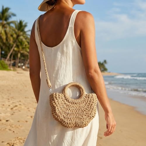 Image of Rattan Handmade Straw Tote Handbag Beach Shoulder Bag Summer Beach Rattan Bag Straw Bag