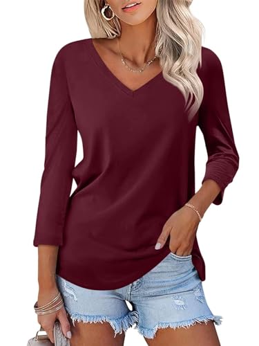 AirMood Camisas de Manga 3/4 para Mujer, Estilo Casual, Cuello en V, Blusas básicas, Granate, XXL