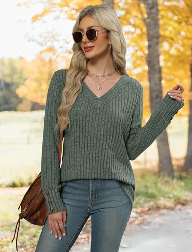 WIHOLL V Neck Long Sleeve Shirts for Women with Bottons Casual Fall Outfits Lightweight Tunic Sweaters Fashion Clothes 20253