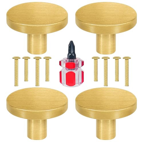 LocoMatrol 4 pomos y tornillos de latón macizo, pomos dorados para puerta de armario y cajones, manijas redondas de latón para armario de cocina, aparador, armario