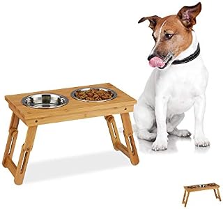 Relaxdays Bowl Stand for Medium Dogs, For Food & Water, Height-Adjustable and Foldable, HxWxD 26x47x23 cm, Natural, bamboo, stainless steel