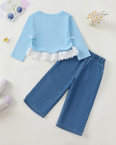 Image of Kucnuzki Toddler Baby Girl Clothes Long sleeve Fall Winter Shirt Tops Baggy Jeans Pants Set Kids Girls Outfits 2 Piece