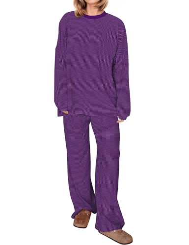 Image of MISSACTIVER Women's 2 Piece Striped Lounge Set Long Sleeve Oversized T-Shirt Wide Leg Pants Matching Pajamas Set