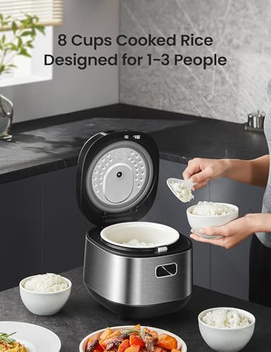 COMFEE' Compact Rice Cooker 8 Cups Cooked/4 Cups Uncooked, 9-in-1 Multi Cooker, Fast Rice Maker, Steam, Brown Rice, Grains, Fuzzy Logic Technology, Grey