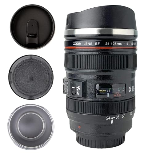 SLOSH Reisebecher Kaffee Objektiv Camera Lens mit 2 Deckeln Becher Auto Büro Edelstahl Tumbler Travel Mug Tassen Kamera Foto Cup (GE-II-V)