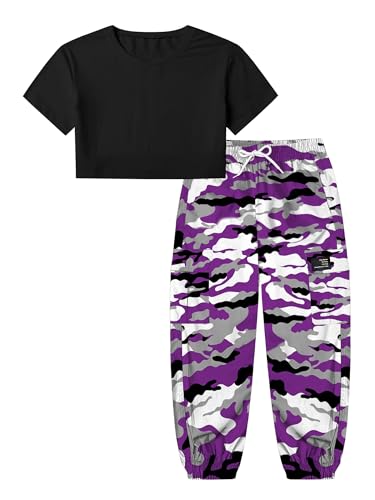 Image of Betusline Girls 2 Piece Set, Black Cute Short Sleeve Crop Tops + Purple Gray Camo Cargo Jogger Pants Clothes, 11-12Y = Tag 160