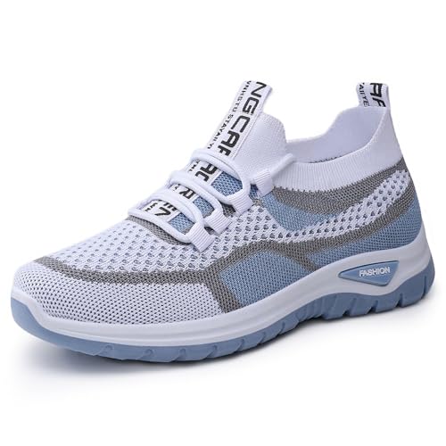 Zapatillas elegantes para mujer, con plataforma, cómodas, transpirables, de malla, ligeras, antideslizantes, gruesas, para correr, fitness, descalzos, azul claro, 40 EU