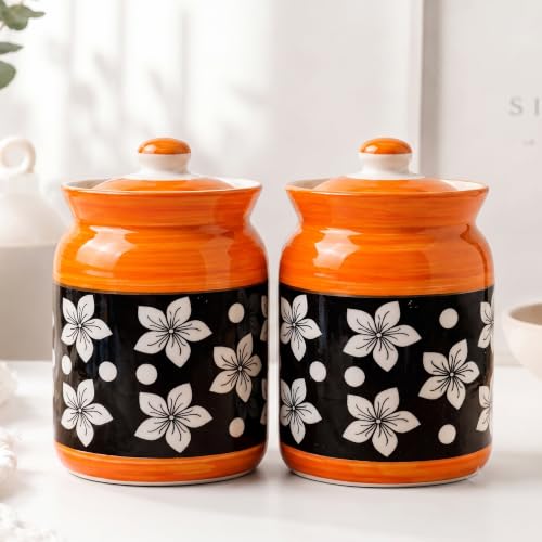 Image of D'Maiolica Ceramic Handmade Pickle Jars in 1000ml (set of 2) | Floral Bale 1 kg Achaar Martban | Ceramic Jadi for Kitchen Storage (Set of 2) | Jars for Achar, Spices, Salt (Floral Citrus Bloom)