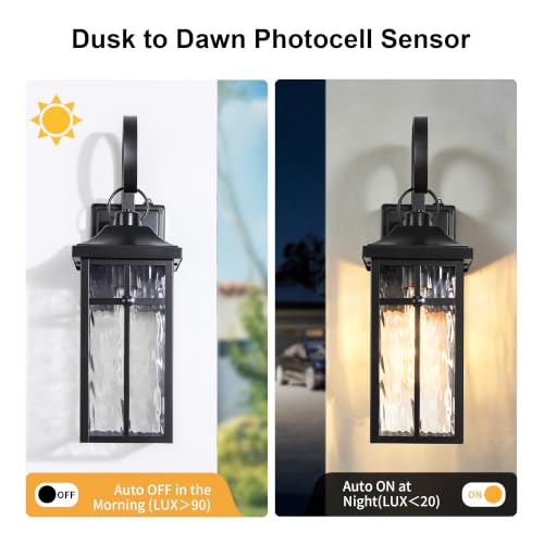 Image of 2 Pack Dusk to Dawn Outdoor Wall Lights, 19 inch Black | Exterior Wall Mount Light Fixtures with Water Ripple Glass, Waterproof Outside Wall Sconces for Garage Patio Entryway