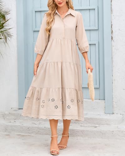 Image of Women Button Down Maxi Shirt Dress Long Sleeve Flowy Tiered Collared Dresses with Pockets