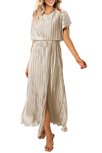 Image of CCTOO Womens Summer Maxi Dresses: Casual Short Sleeve Crewneck Slit Sundress Ruffle Pleated Long Flowy Party Cocktail Dress
