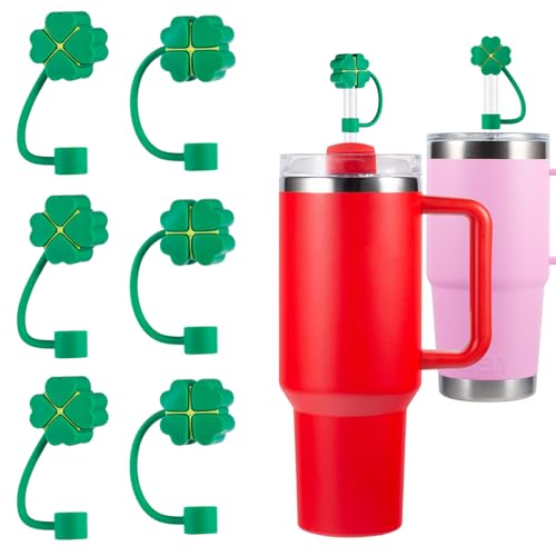 6 Pack St Patricks Day Shamrock Straw Covers for Stanley Cup Accessories Straws Cover Caps for Tumblers Cute Silicone Straw Topper s for Yeti Cups Leak Proof Anti Dust Tips Gift Green