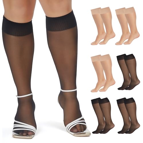WiliW 6 Packs Plus Size Knee High Sheer Stockings for Women, Nylon Trouser Socks