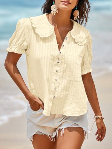 Image of Tankaneo Womens Puff Sleeve Shirts Peter Pan Collar Button Down Cotton Blouse Casual Summer Textured Tops