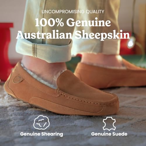 Image of Fireside By Dearfoams Men's Melbourne Genuine Shearling Moccasin Slippers, Memory Foam Sudede Loafers Slip-in House Shoes