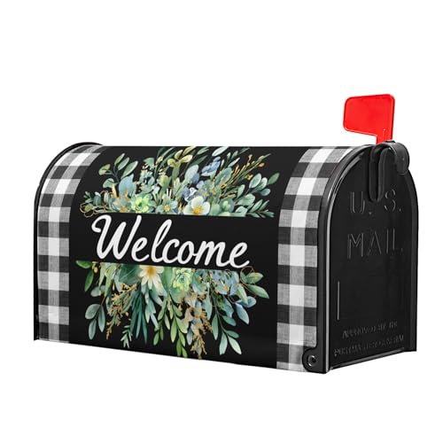 Image of Spring Summer Wreath Buffalo Plaid Mailbox Covers Magnetic Standard Size 21x18 in Welcome Green Wreath Mailbox Cover Leaves Mailbox Wraps Spring Farmhouse Letter Box Covers for Garden Outdoor Decor