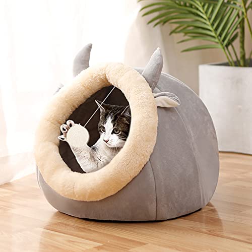 Souarts Lit pour Chat Lit pour Chien Niche Chat Panier Chat Maison de Chat Mignon Petit Lit de Chien Nid de Chiot Chaton Coussin Lit Fournitures(Gris Cornes ，45x48x33)