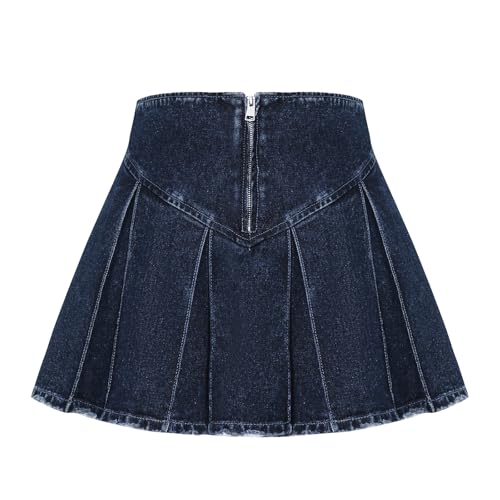 Women's Casual High Waisted Pleated Denim Skirt Frayed Mini A-Line Jean Skirt2