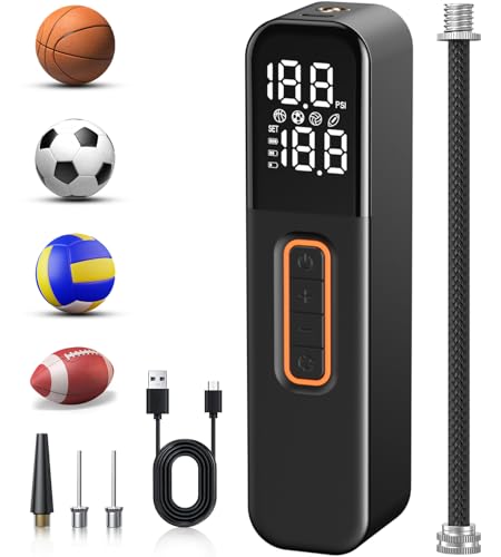 Image of Electric Ball Pump, Sports Air Pump with Digital LCD Display, 2 Needle and Storage Bag, Automatic Small Ball Pump for Basketball Soccer Football and Volleyball (Max 15 PSI) (Orange, Small)