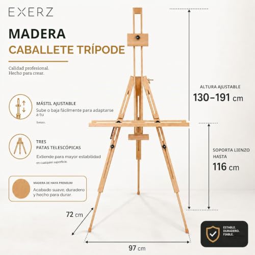 Miniatura 2 de Exerz Caballete De Dibujo Portátil, Caballete Trípode Altura Ajustable 130-191 Cm De Madera De Haya - Ideal Para Artistas, Pintura Y Uso En Exterior