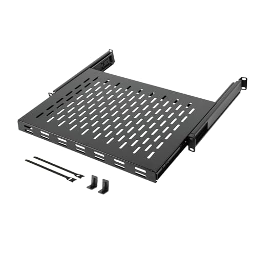 Tecmojo 1U Sliding Rack Shelf 4-Post Vented Rack Mount Shelf 13.8in Deep with Adjustable Mounting Depth 13.8-19.7in Supports to 110lbs for 19 Inch AV/Network Equipment Rack Unassembled Black