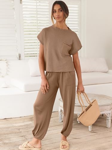 Image of ANRABESS Women's Two Piece Outfits Sweater Sets Knit Pullover Tops and High Waisted Pants Tracksuit Lounge Sets
