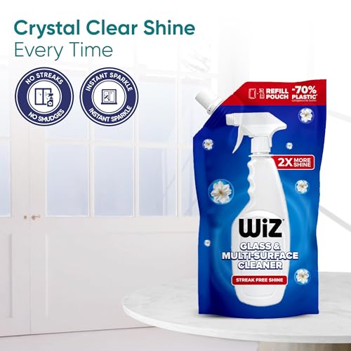 Image of Wiz Cleen 2X More Shine Glass & Multi-Surface Cleaner Liquid 1L Refill (Pack of 2) | Streak-Free Shine | Glass Cleaner for Car, Kitchen & Home | 70% Less Plastic Refill Pouch