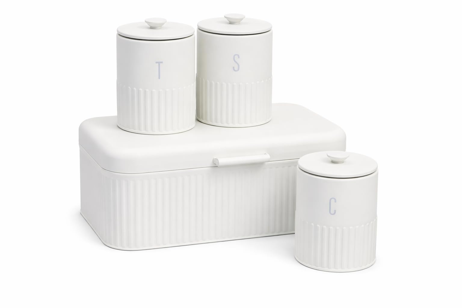 Blackmoor Callisto Tea, Coffee, Sugar, Bread Bin Storage Set/Secure Lids for Freshness / 4pc Kitchen Canisters/Ribbed Embossed Design (Ivory)