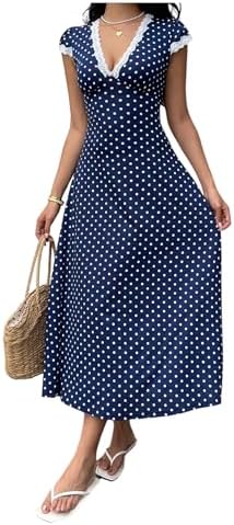 Milumia Women's Polka Dots Lace Trim Deep V Neck Dress Short Sleeve Flared Long Dresses