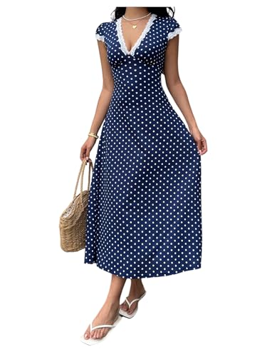Milumia Women's Polka Dots Lace Trim Deep V Neck Dress Short Sleeve Flared Long Dresses