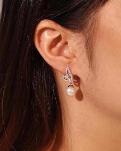 FANCIME Pearl Earrings 925 Sterling Silver Leaf Pearl Stud Earrings Dangle Earrings with Genuine Quality 8.5-9mm Freshwater Cultured Pearls Fine Pearl Jewelry for Women2