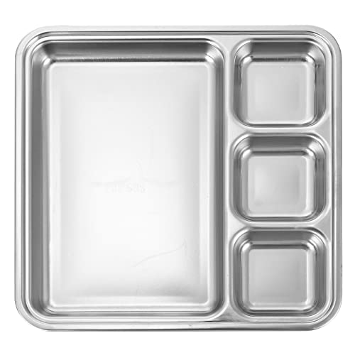 Lurrose Stainless Steel Plate 4 Compartments Divided Menu Tray Dinner Plate Divider Plate Canteen Tray Food Tray for School Buffet Lunch Silver