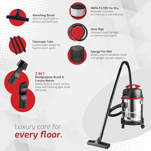 Image of IBELL AeroVac 2000 Wet & Dry Vacuum Cleaner for Home, 1600W Powerful Motor, 21L Large Capacity Tank, HEPA Filtration, Blower Function, Durable Stainless Steel Body (Black /Red /Steel)
